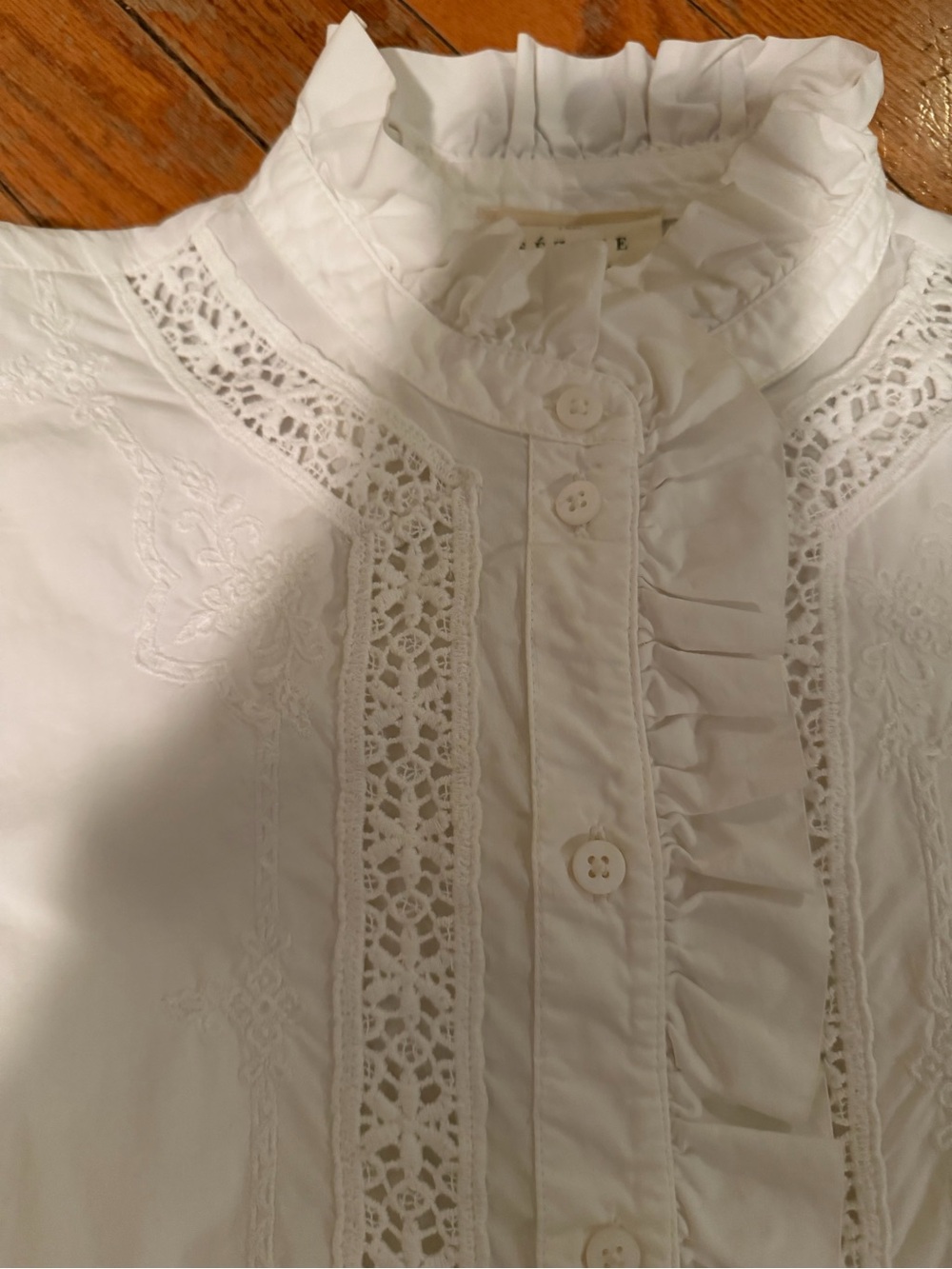 Sezane Ulysse White Victorian Ruffle Lace Button-Up Blouse - Picture 5 of 10